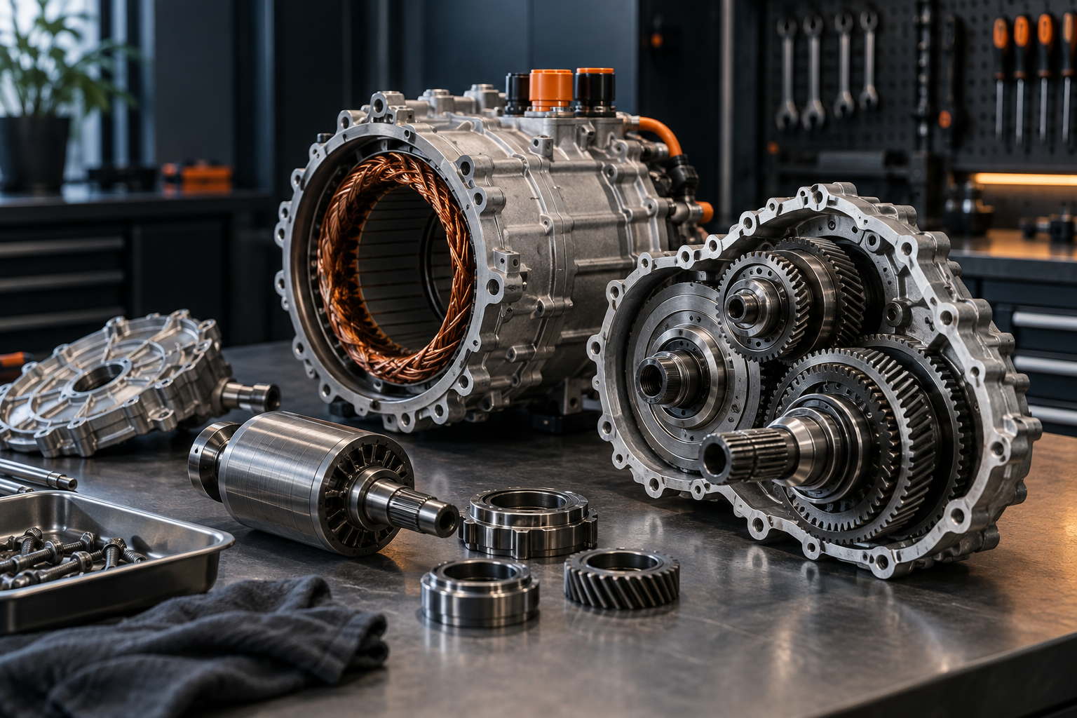 Illustrasjon av elektrisk drivmotor og reduksjonsgir på en arbeidsbenk